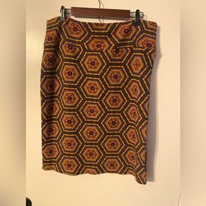 LULAROE Cassie pencil skirt. Navy/orange/red geometric pattern. 2XL